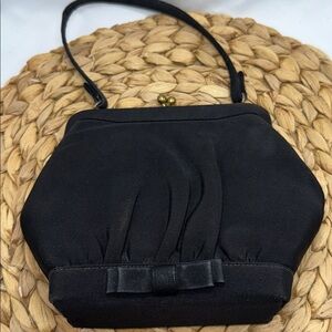 Elegant Black VINTAGE Handbag with Bow Detail and Rhinestone Clasp